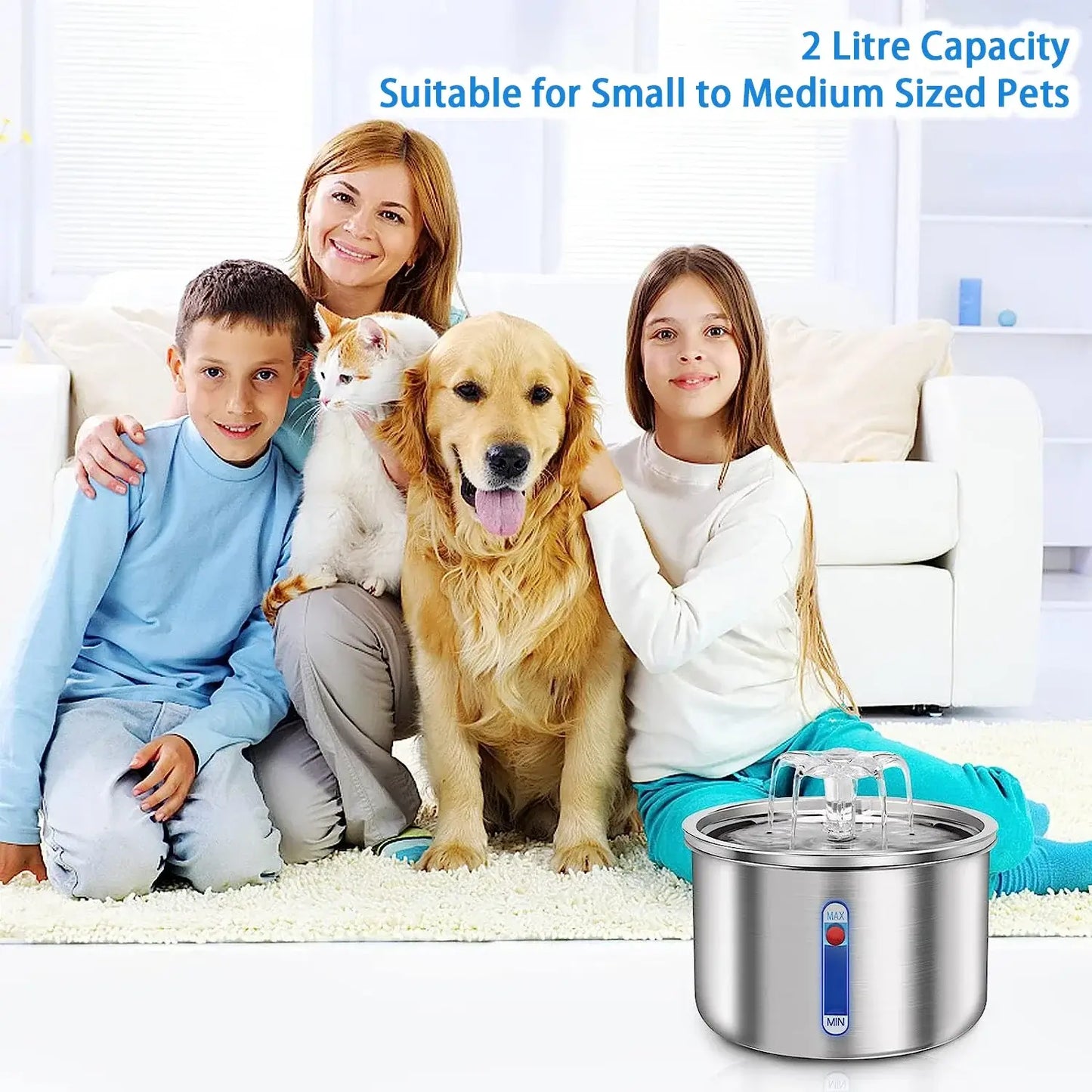 Stainless Steel Pet Water Fountain – Automatic & Quiet displayed with family and pets, showcasing a 2-litre capacity.