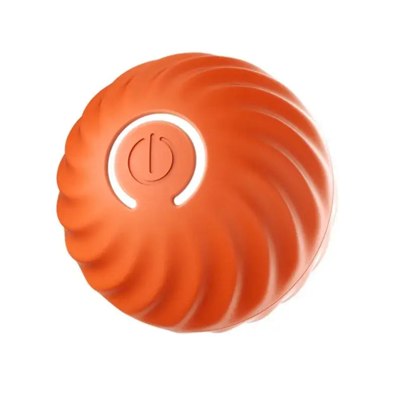 Interactive dog ball toy in orange color with a swirl design and a power button.