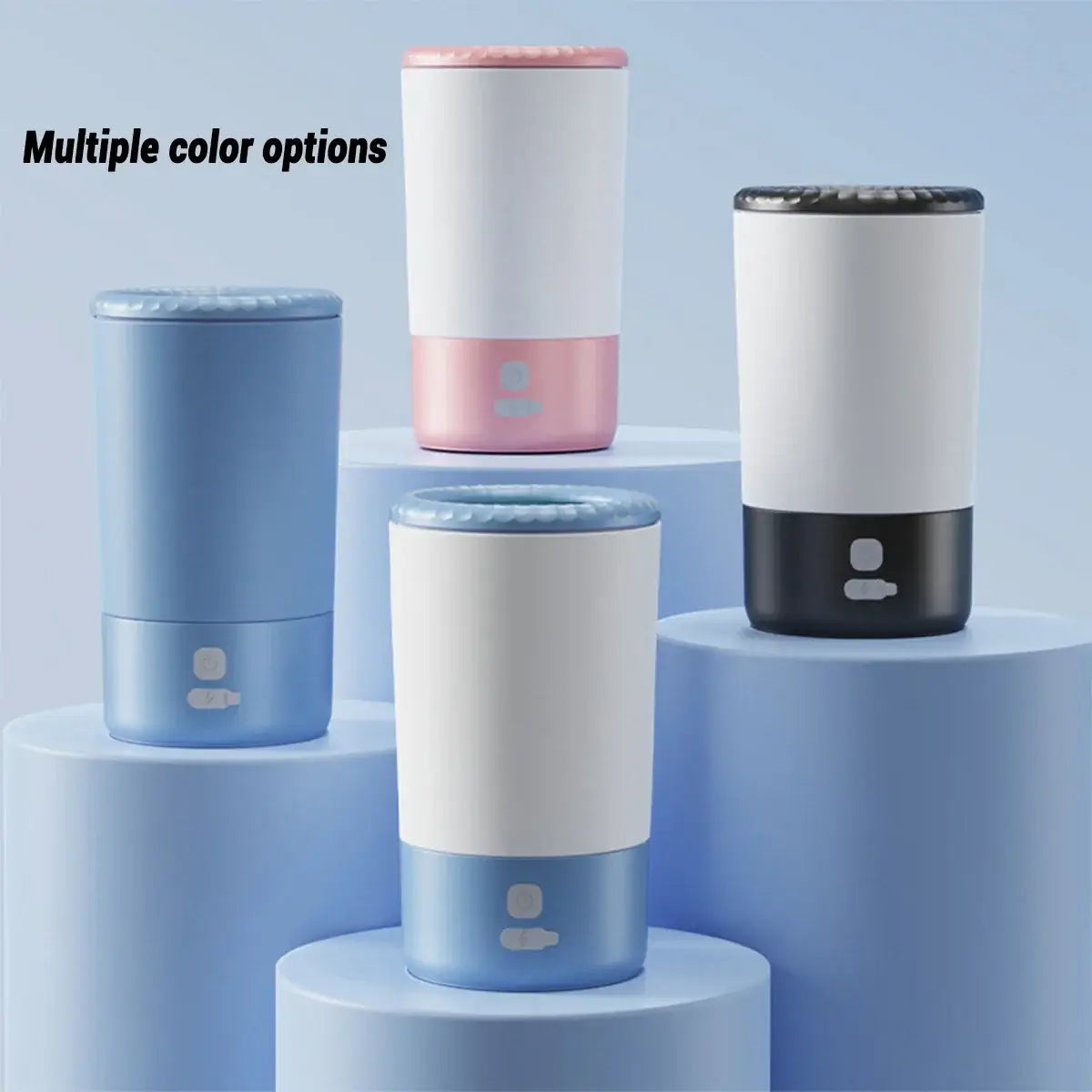 Electric pet paw cleaner available in multiple color options displayed on blue pedestals.