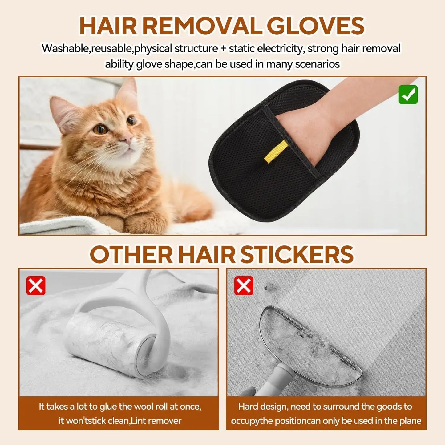 Image of Pet Hair Remover Gloves demonstrating effectiveness on shedding pets and comparison with other hair removal tools.