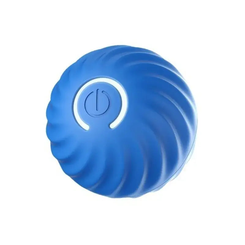 Interactive dog ball toy in blue with a power button design and spiral texture for an engaging play experience.