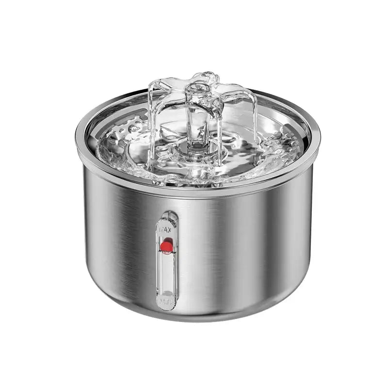Stainless Steel Pet Water Fountain – Automatic & Quiet with flowing water design and stainless steel finish.