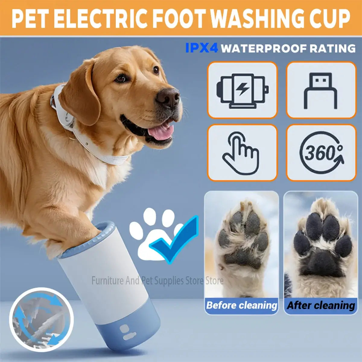 Electric pet paw cleaner with a dog using the unit, showcasing waterproof rating and before/after cleaning effects.