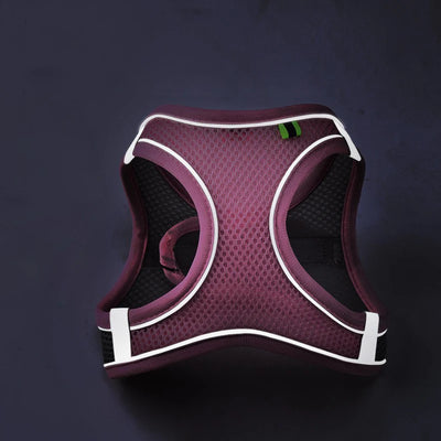 Top view of a burgundy reflective pet harness with mesh design for comfort and safety.