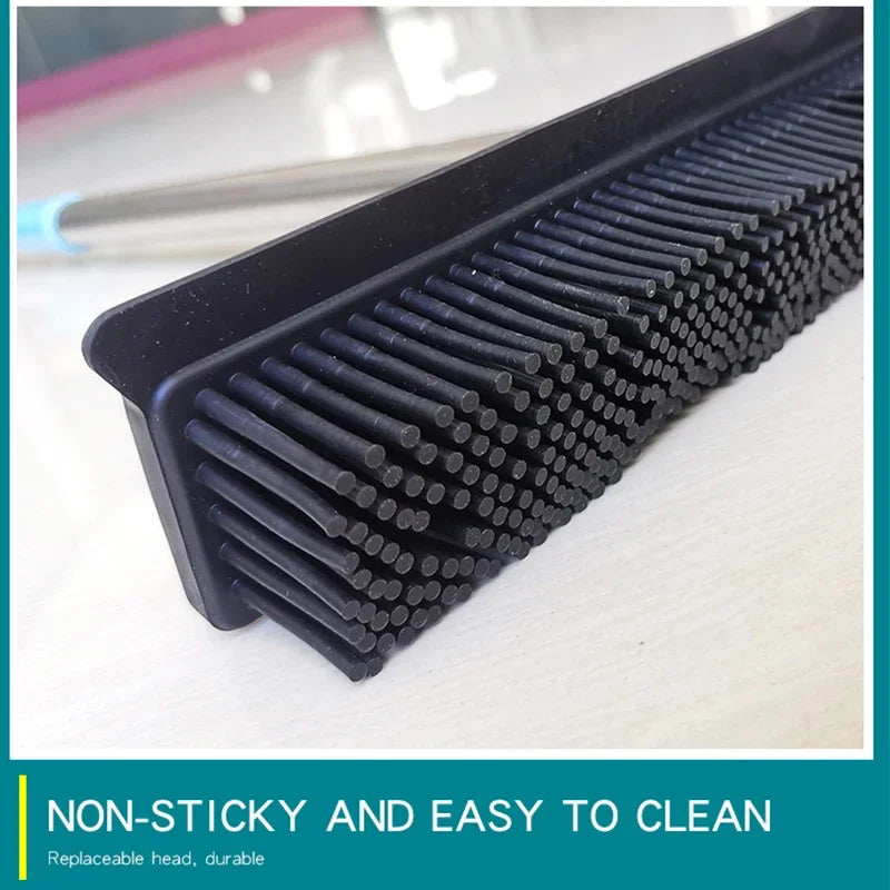 GUANYAO rubber broom features include a stainless steel handle, replaceable broom head, and soft rubber strip for pet hair removal.