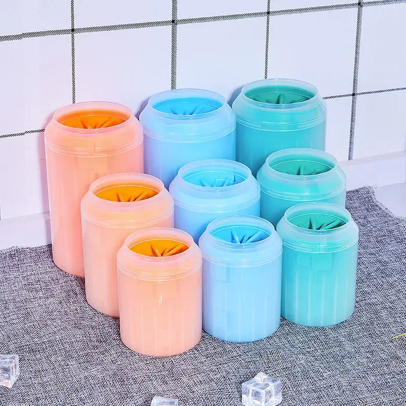 Pet paw wash cup in multiple colors for dogs and cats, ideal for cleaning pet paws after walks.