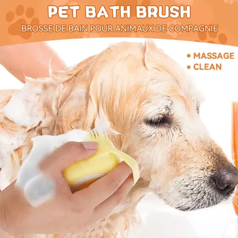 Pet bath brush silicone used for grooming a dog's head, effectively massaging and cleaning during bath time.