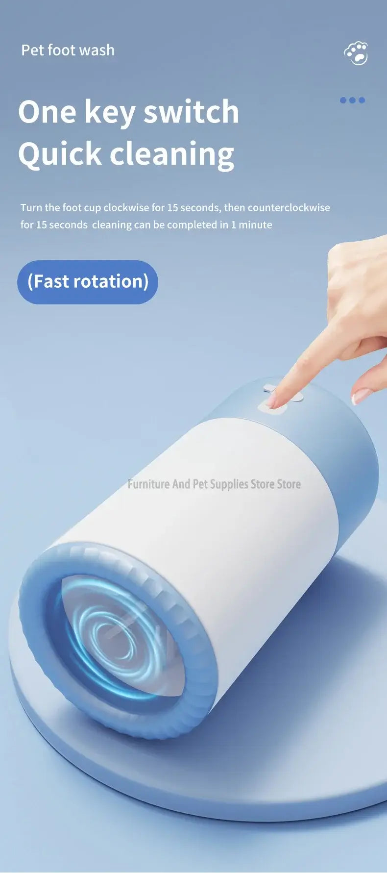 Electric pet paw cleaner with one key switch for quick cleaning, designed for fast rotation and easy pet foot wash.