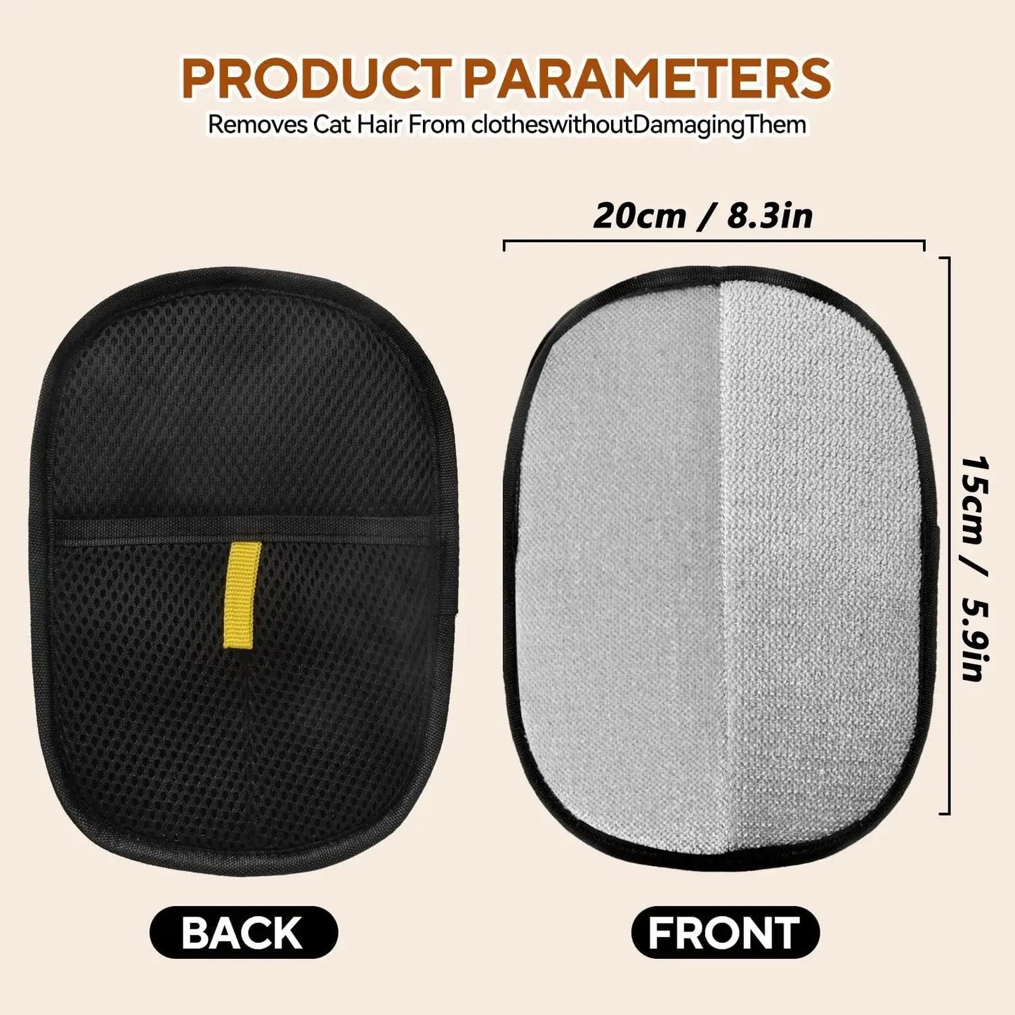 Pet Hair Remover gloves showing back and front, demonstrating dimensions and design for effective hair removal.