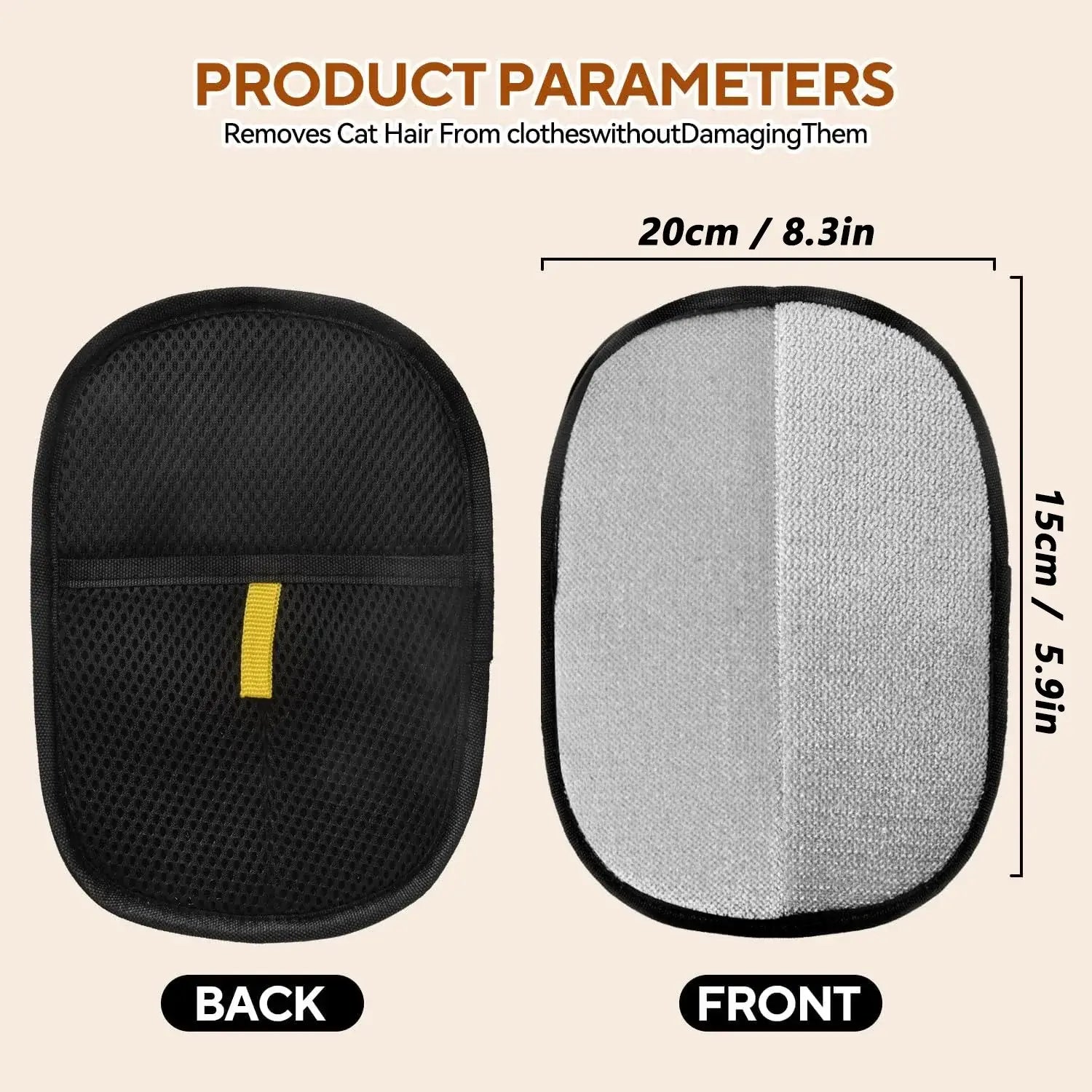 Pet Hair Remover gloves showing back and front, demonstrating dimensions and design for effective hair removal.