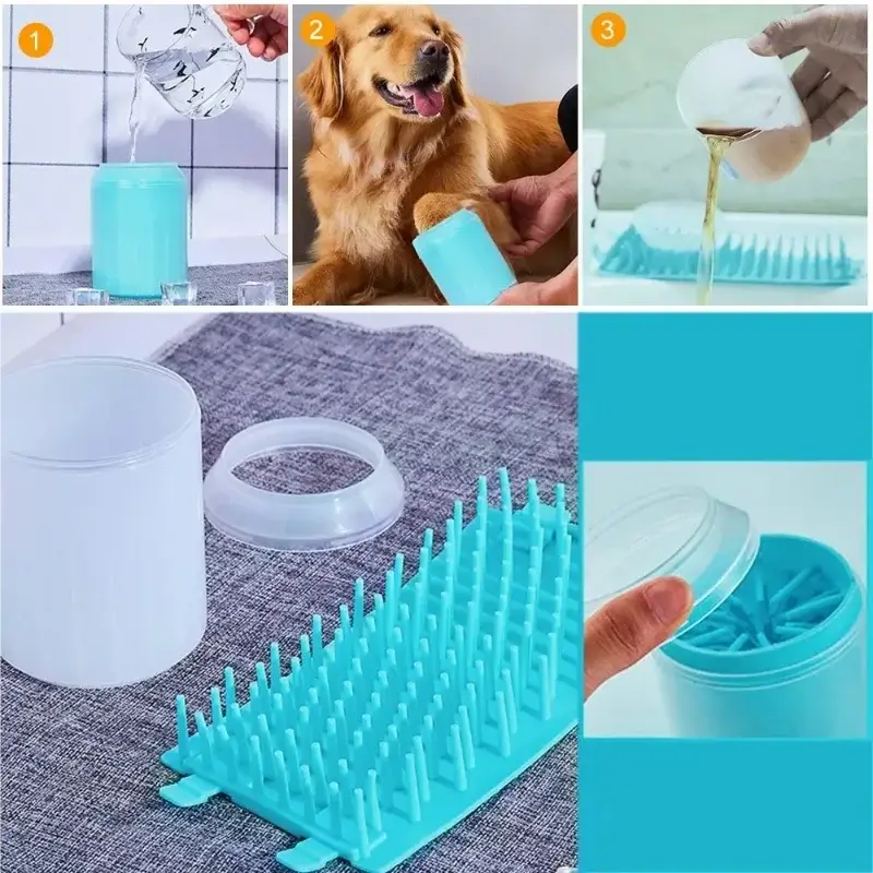 Pet paw wash cup for Dogs & Cats with cleaning instructions and accessories for easy pet paw cleaning.