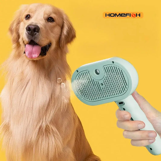 Steam dog brush for shedding in use on a golden retriever, showcasing grooming effectiveness and comfort.