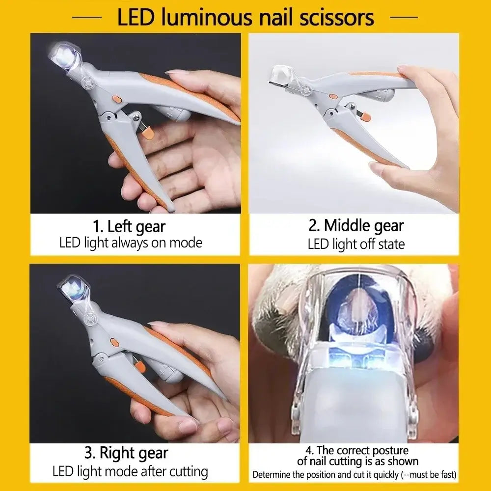 Pet nail clipper scissors with LED light showing different modes and usage instructions for optimal pet grooming.
