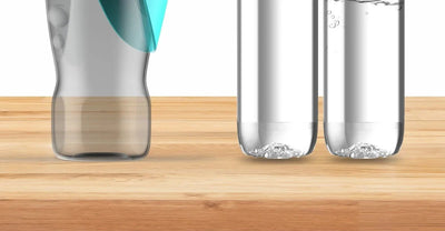 800ml portable dog water bottle for large dogs in green, blue, and pink, with a dog drinking water from it.