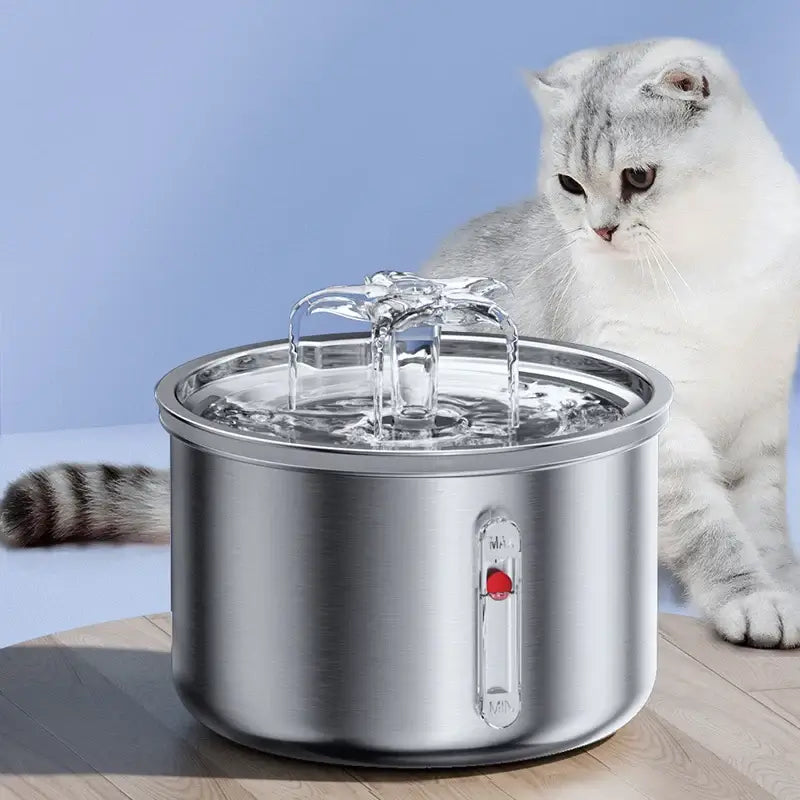 Stainless Steel Pet Water Fountain – Automatic & Quiet with bubbling water and a curious cat nearby.