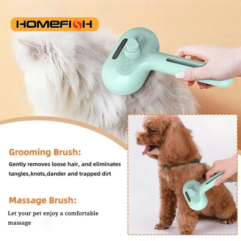 Steam dog brush for shedding removing loose hair and tangles, providing a comfortable grooming experience for pets.