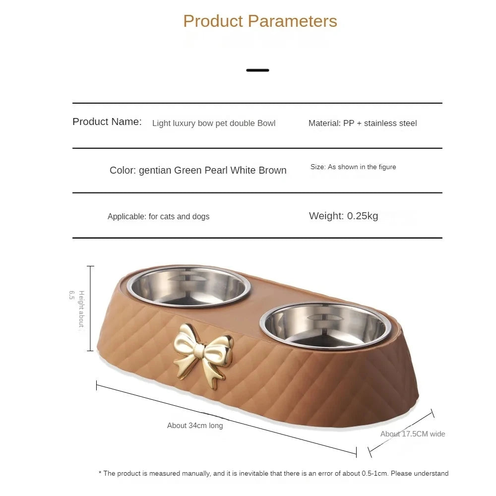 Light luxury pet double bowl in brown, green, and white, featuring a bow design for food and water.