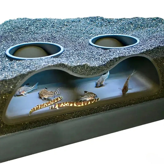 Double-Hole Aquarium Cave - Fish Hiding Spot Decoration for fish tank with natural rock-like design and aquatic life.