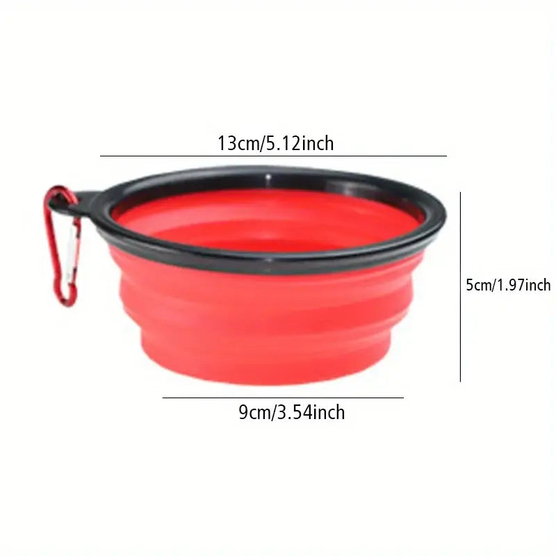 Folding dog bowl for camping shown in red, portable and lightweight design with dimensions 13cm x 5cm, ideal for outdoor use.
