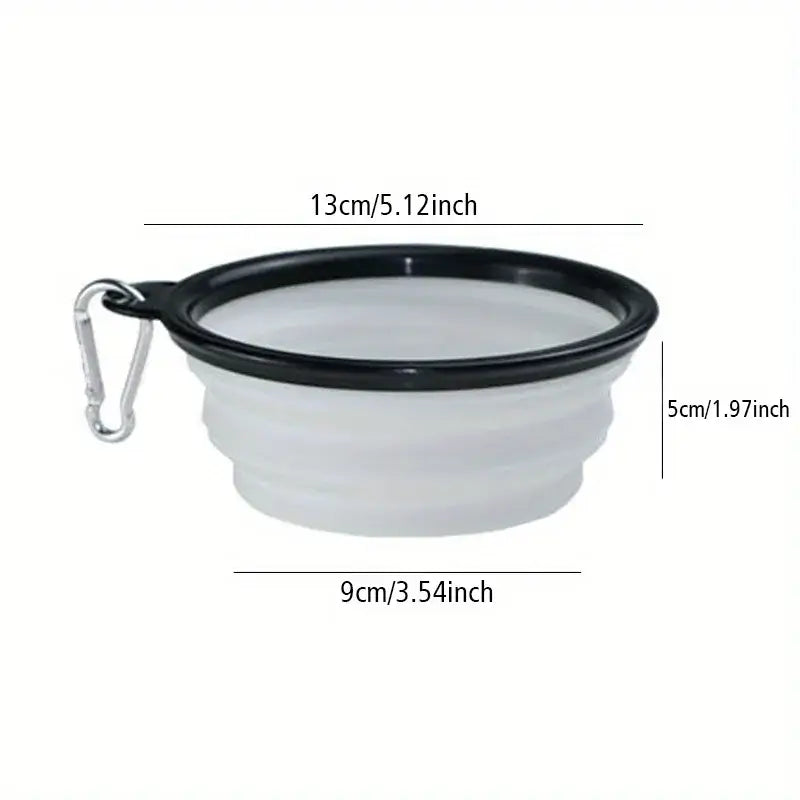 Folding dog bowl for camping, portable and lightweight, with dimensions of 13cm x 5cm and carabiner clip.