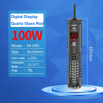 SUNSUN Aquarium Submersible Heater Fish Tank Quartz Glass LCD Display 220V Digital Heating Rod Constant Temperature Control 200W