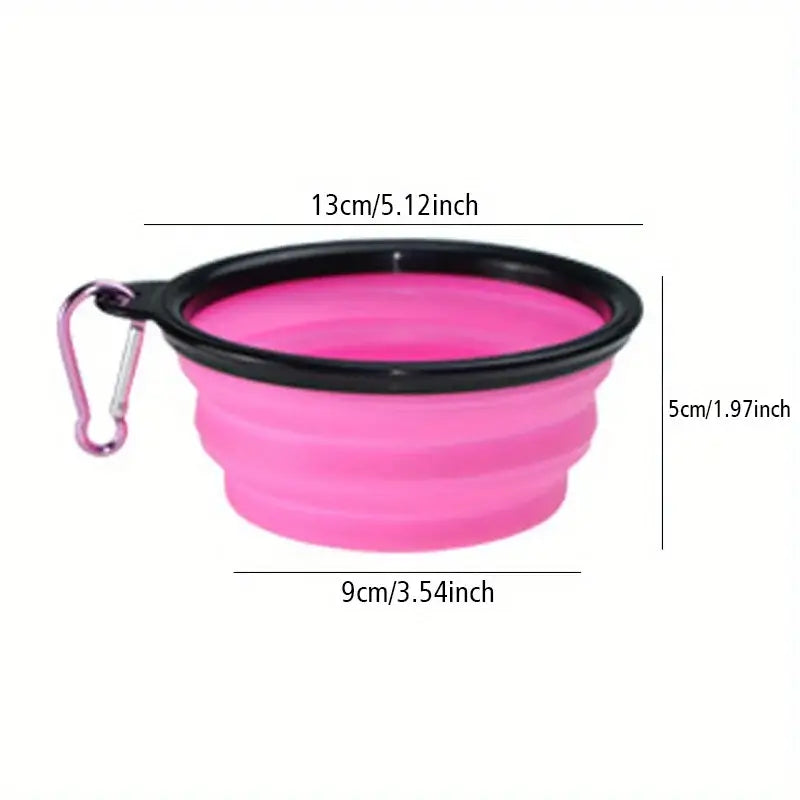 Folding dog bowl for camping in pink, portable and lightweight, with dimensions 13cm x 5cm.
