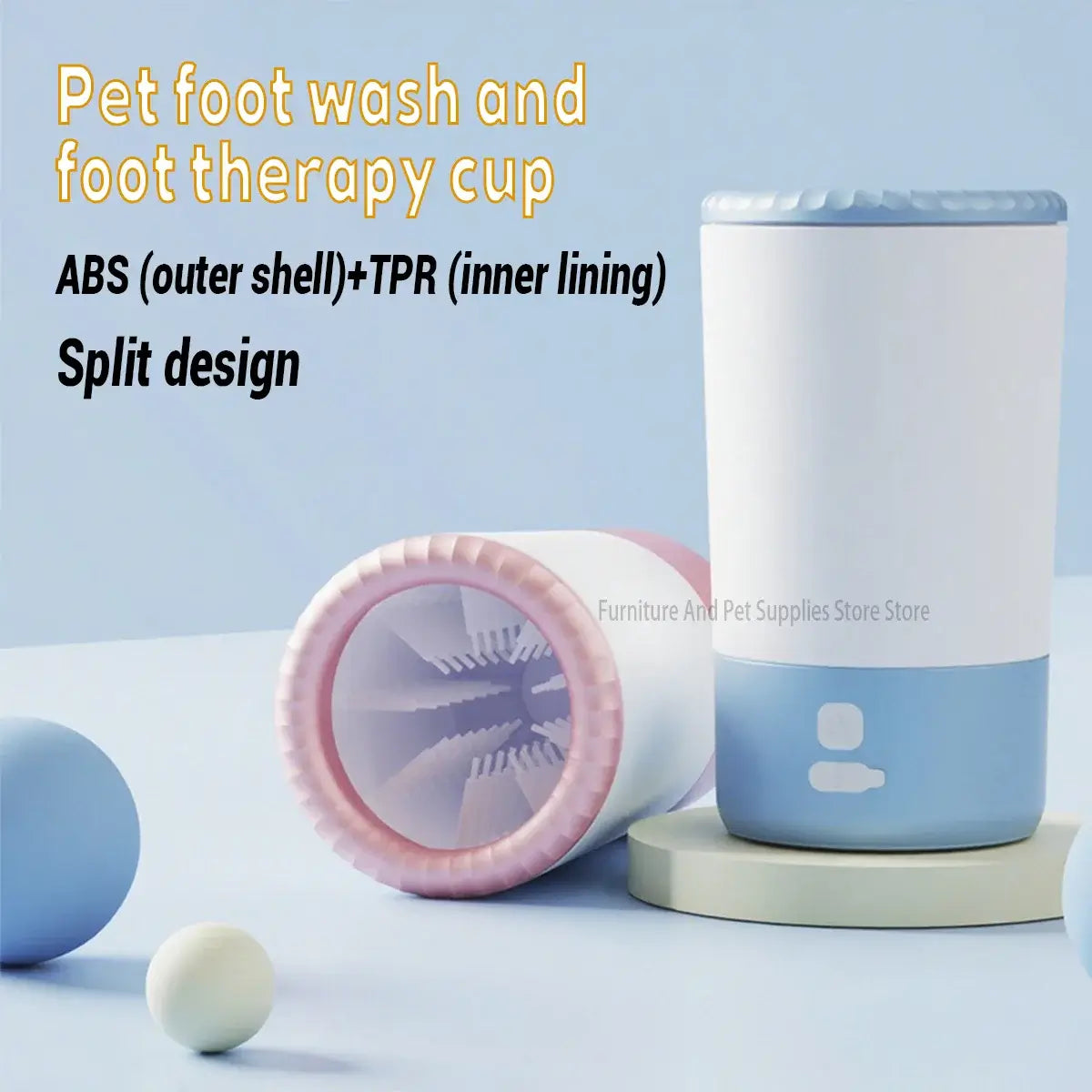 Electric pet paw cleaner showing split design with ABS outer shell and TPR inner lining for effective pet foot washing.