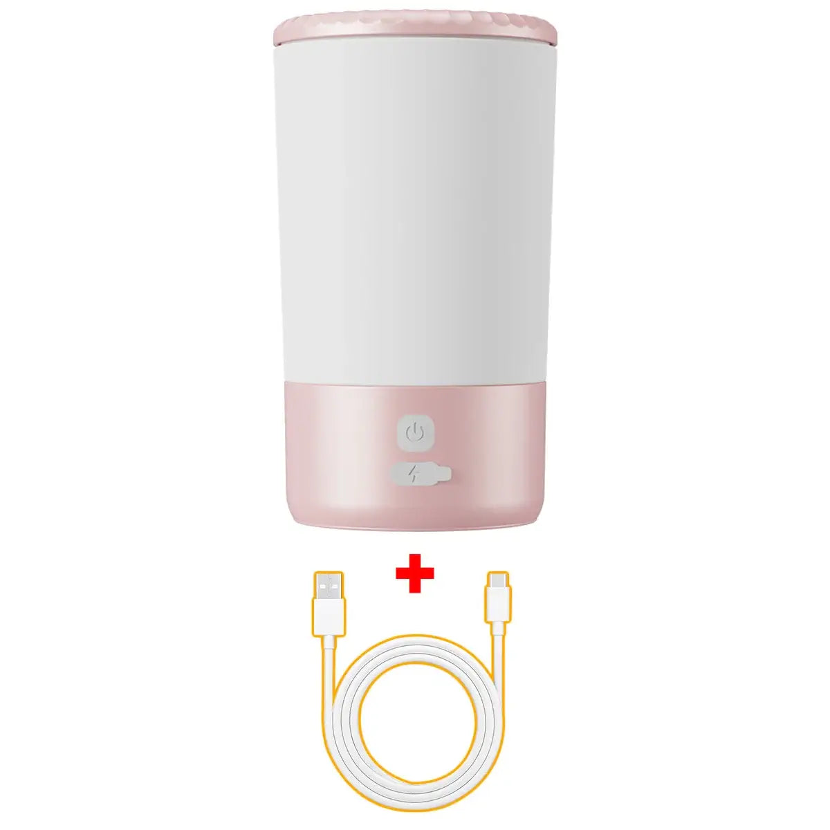 Electric pet paw cleaner with USB charging cable, featuring a sleek design in white and pink.