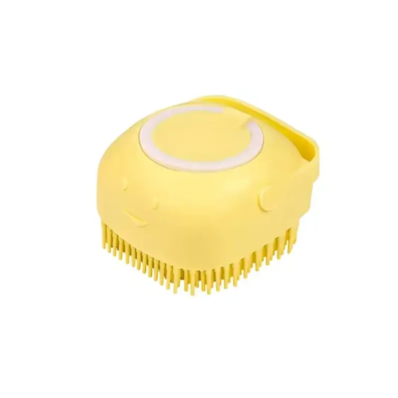 Pet bath brush silicone in yellow, designed for easy grooming of dogs and cats.