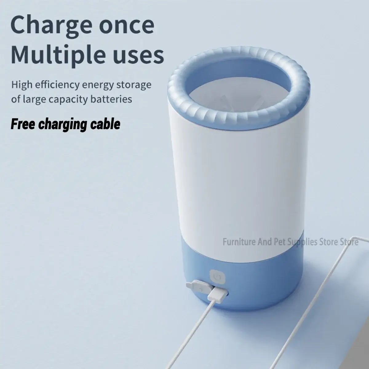 Electric pet paw cleaner with multiple uses, featuring high efficiency energy storage and free charging cable.