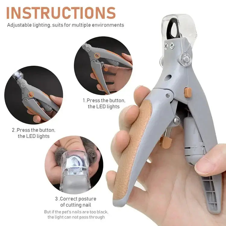 Instructions for using pet nail clipper scissors with LED light, showcasing adjustable lighting function.