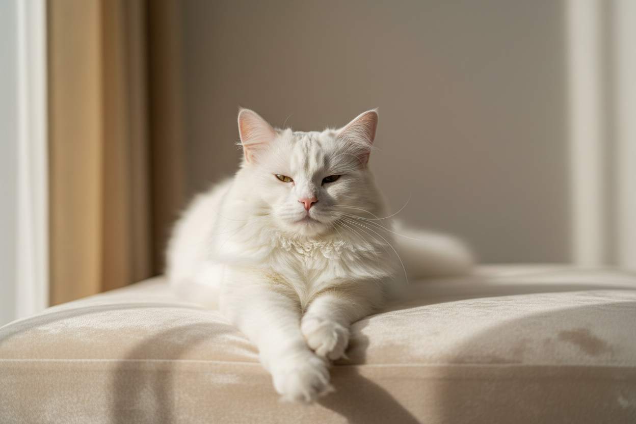A beautiful white fluffy cat as the main hero subject, looking calm, confident, and completely unbothered. The cat is elegantly posed, with soft luxurious fur and a peaceful expression that feels soothing and inviting. Clean, minimal background with warm neutral tones and plenty of negative space for text placement. Soft natural lighting, gentle shadows, and a modern premium aesthetic. Ultra-realistic fur texture, professional commercial pet photography, cinematic lighting, shallow depth of field, photoreal
