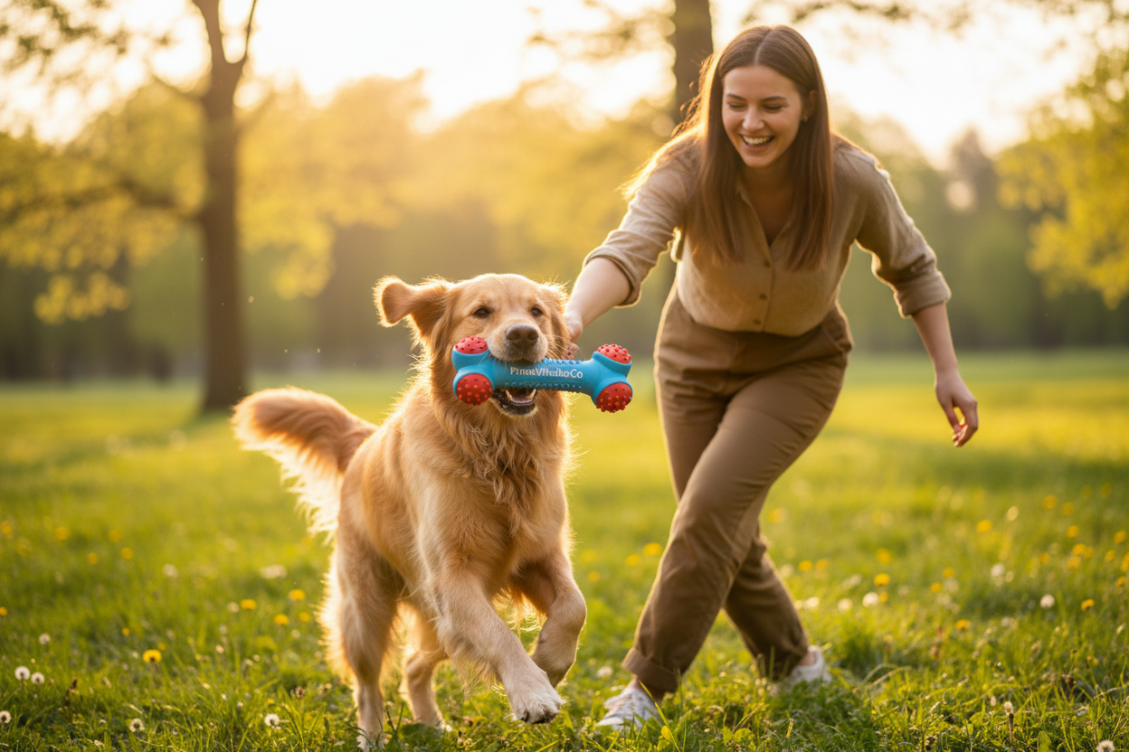 A joyful, happy dog playing excitedly with its owner using a high-quality dog toy from PrimeWhiskerCo. The dog is energetic and smiling, fully engaged with the toy, showing excitement and fun. The owner is interacting naturally, creating a warm, authentic moment of play and bonding. The dog toy is clearly visible, well-lit, and featured naturally during play. Ultra-realistic fur texture, professional lifestyle photography, soft natural sunlight, warm vibrant colors, cinematic lighting, shallow depth of fiel